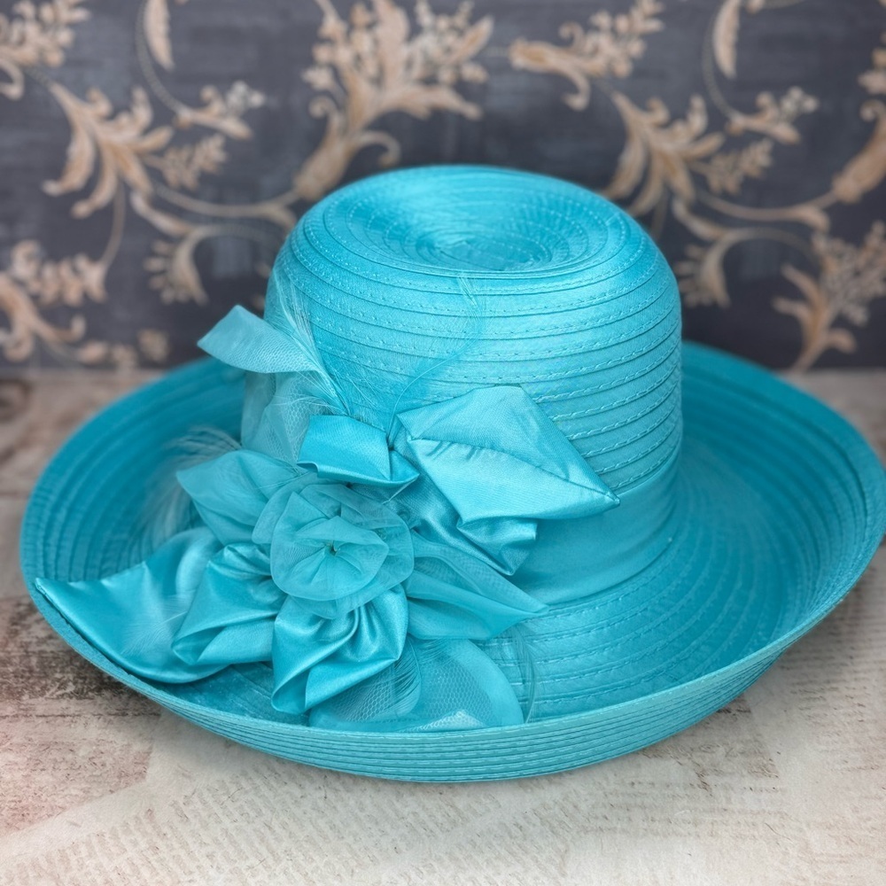 Giovannio NY Turquoise Kentucky Derby Hat Wide Brim Floral Church